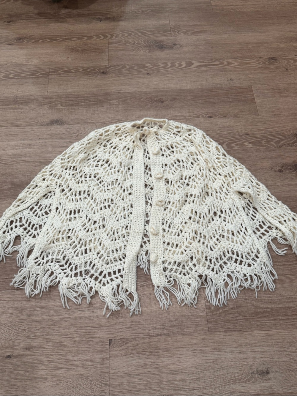 Vintage Handmade Cream Crochet Cardigan Fringe Button Front Boho Cottagecore